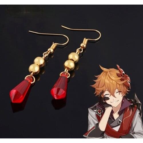 Game Genshin Impact Tartaglia Zhongli Cosplay Earring Ear Stud Prop Red Crystal Earrings Accessories