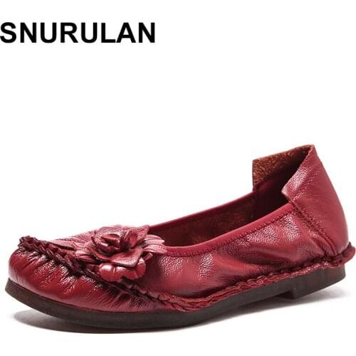 SNURULAN Retro Genuine Leather Flat Shoes for Ladies Hand-stitched Soft Leather Loafers Female Casual Shoes Solid Vintage Women