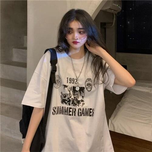 Loose Lazy Retro Ins Tshirt Womens T-shirts Tops Japanese Kawaii Ladies Ulzzang Female Korean Harajuku Clothes For Women