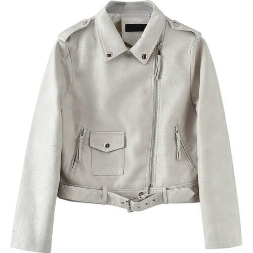 Spring Autumn 2021 Korean Short Brown Faux PU Leather Jacket Women Slim Snake Print Outerwear Long sleeve Biker Leather Jacket