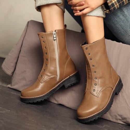 Autumn Winter Ladies PU Knight Boots Fashion Metal Decorative Zipper Womens Shoes Comfortable Low-Heel Platform Short Boots