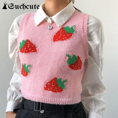 SUCHCUTE Strawberry Print Cute Sweater Vest Women Y2K O Neck Casual Knitwear Streetwear 2021 Spring Ladies Kawaii Pullover