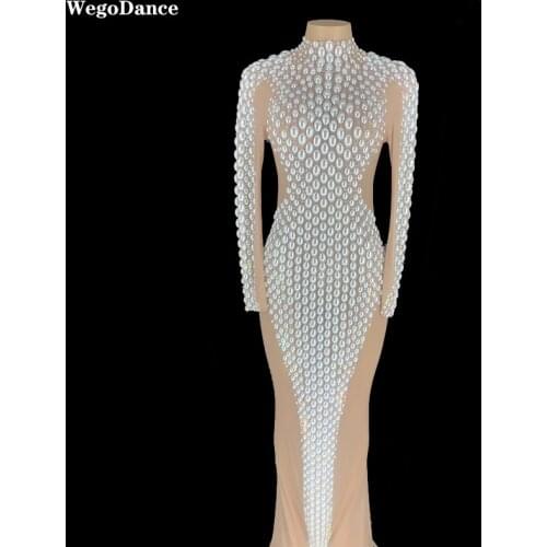 Women Flashing Pearls Silver Rhinestones Transparent Dress Birthday Celebrate Bar Latin Dancer Singer Long