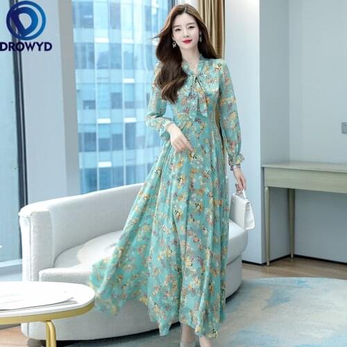 2021 Autumn Winter Vintage Women Maxi Dresses Fashion Green Floral Chiffon Midi Dress Elegant Bodycon Party Long Sleeve Vestidos