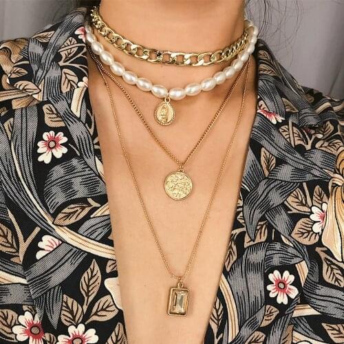 DIEZI Vintage Pearl Choker Necklace For Women 2019 New Gold Color Coin Chain Multilayer Statement Necklace For Girls Jewelry