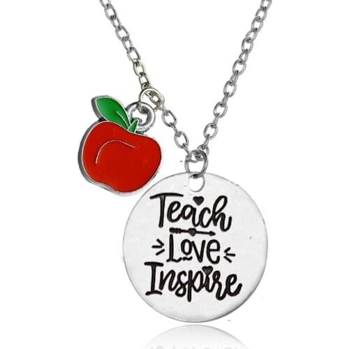12 Pc/Lot Chic Arrow Teach Love Inspire Apple Pendant Chain Necklace Women Men School Teacher Jewelry Gift Teachers Day Gift