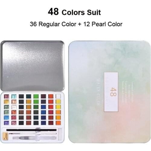48 Solid Pigment Watercolor Painting Set With Pearlescent Metallic Color Packed In Iron Box and Contains Brush Pencil Eraser