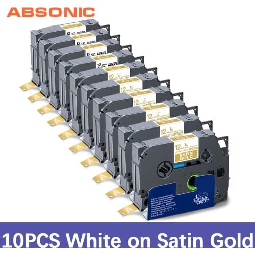Absonic 10PK 12mm for Brother Laminated Label Tape White on Satin Gold MQ835 Standard Adhesive Tape Compatible for Brother Maker