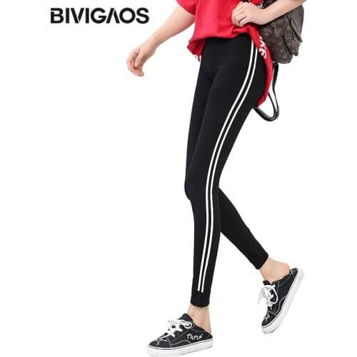 BIVIGAOS Women Korean Sports Leggings White Side Stripe Black Workout Leggings Modal Thin Slim High Waist Legging Pencil Pants