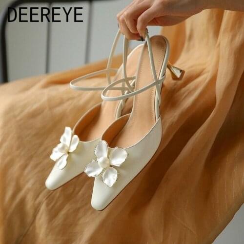 2021 Summer Pearls Flower Low High-Heeled Sandals Ankle Strap Slingback Buckle Pointed Toe Single Pump Office Dress Party Shoes