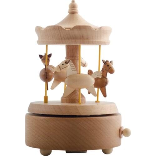 Wooden Musical Box, Round Vintage Carousel Horse Music Box, Merry-Go-Round Eight Tone Box, Home Crafts Decor Gift