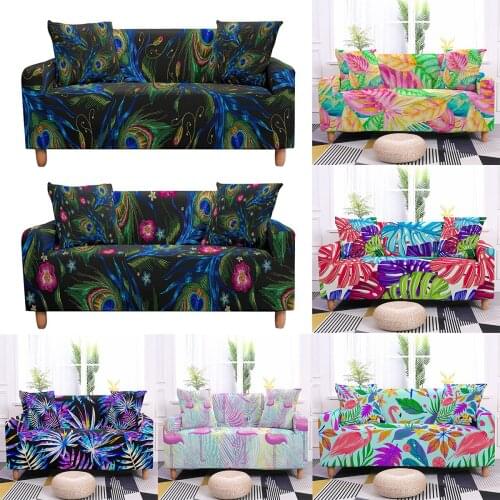 Tropic Flower Leaves Elastic Sofa Cover Stretch All-inclusive Couch Case Modern Feather Printed Loveseat Chair L-Style Sofa Case