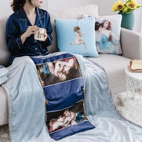 Blue Oil Painting Cushion Blanket Retro European Pillow Quilt Printing Home Decor Pillows Seat Cushions Office Backrest Pillow