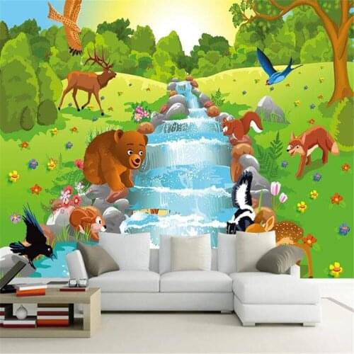 Customized 3D large wallpaper mural Nordic minimalist cartoon animal forest childrens room background wallpaper mural