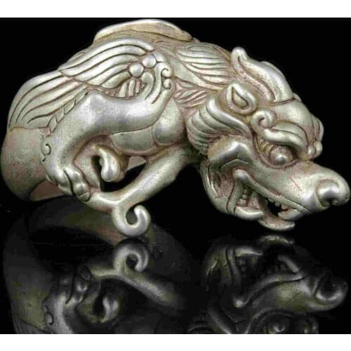 Collect Rarity China Hand-Carved Precious Tibetan Silver Ring PI Xiu Statue