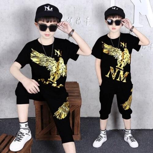 1-14 Yrs Boys Girls Summer outfits Cotton Black Short Sleeves T-shirts Shorts Two-piece Clothing set Dance Hip-hop Jazz Costume