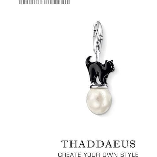 Cute Female Valentines Day Gift Jewelry Black Cat with 2020 New Pearl Pendant 925 Sterling Silver Charm Fit Bracelet for Women