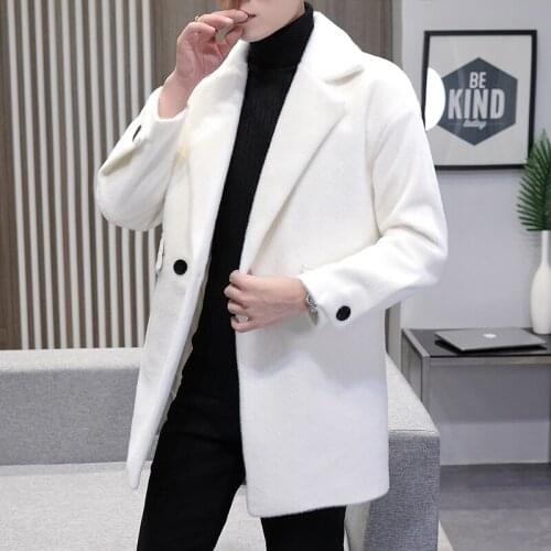 Mens Cotton/Wool Blend Windbreaker New Black Grey Mid Long Length Jacket Korean Style Slim Over Knee Coat Trend Woolen Coat Top