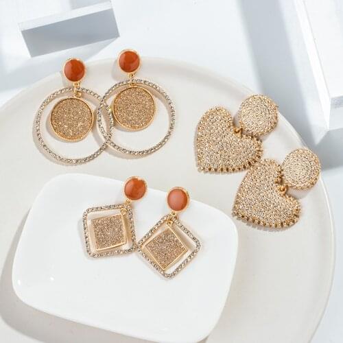 New Korean Heart Drop Earrings For Women Shine Crystal Geometric Round Square Statement Hollow Dangle Earrings Wedding Jewelry