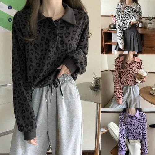 Autumn Women New Stylish Polyester Long Sleeve Turn Down Collar Leopard Print Sweatshirt Button Blouse Tops