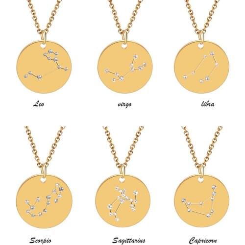 Stainless Steel Gold Color Constellation Pendant Necklace for Women Round CZ Chokers Necklace Signs of the Zodiac Necklace Gift