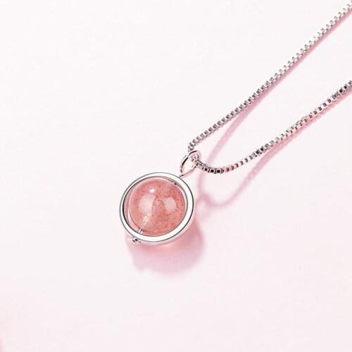 CHN71 925 Sterling Silver Simple Round Natural Strawberry Crystal Lady Pendant Necklaces Wholesale Jewelry Women Short Chains