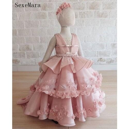 Luxury New Girls Dresses V Neck Tiered Ball Gown Flower Girl Dress for Wedding Kids Birthday Party Gown Custom Made