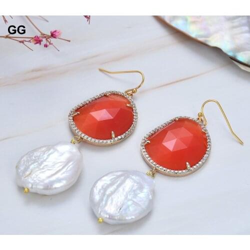GuaiGuai Jewelry Natural Pearl Cultured White Keshi Pearl Orange Crystal Cz Paved Hook Dangle Earrings For Women