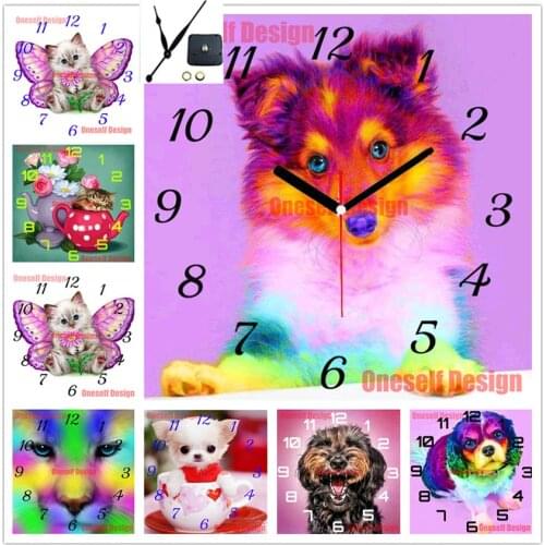 Rhinestone pictures with clock colorful dog diamond embroidery full set cute cat diamond painting cross stitch decoration home