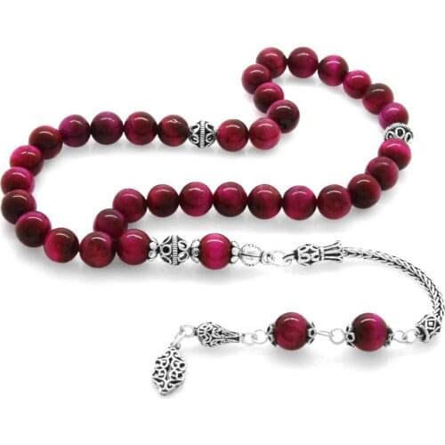 Tesbihane 925 Sterling Silver Tassels Sphere Cut Fuchsia Color Tiger 'S Eye Natural Stone Rosary