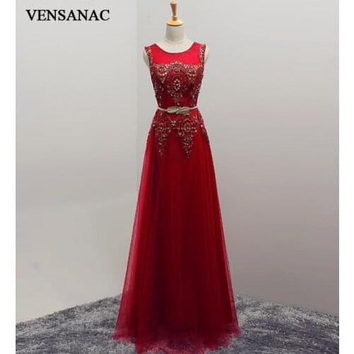 VENSANAC 2018 Crystal O Neck Pearls Leaf Sash A Line Lace Long Evening Dresses Party Sequined Appliques Prom Gowns