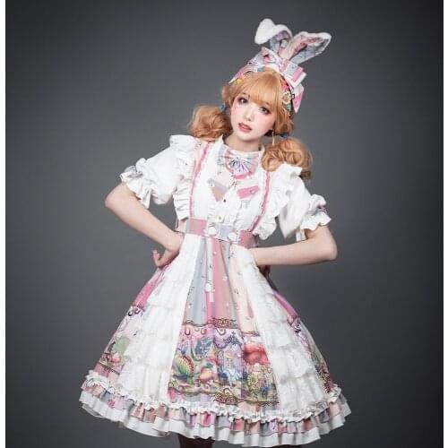 Kawaii Girls Lolita Dress Vintage Short Sleeve Lace Bowknot Anime Op Dress High Waist Victorian Lolitas Gothic Fashion Sweet Op