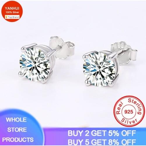 YANHUI With Certificate Luxury 1ct Round Cut Zirconia Diamond 18K White Gold Plated Solid 925 Silver Earrings Women Girl Gift
