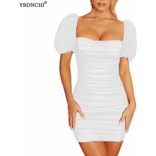 YSDNCHI New Puff-Sleeve Ruched Women Solid Square Collar Sexy Dresses Ladies Streetwear Backless Clubwear Elegant Short Vestidos