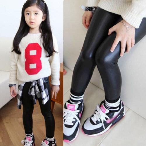 Hot Baby Girls Kids Stretchy Faux Leather Skinny Black pencil Pants Leggings Fashion Girls Trousers