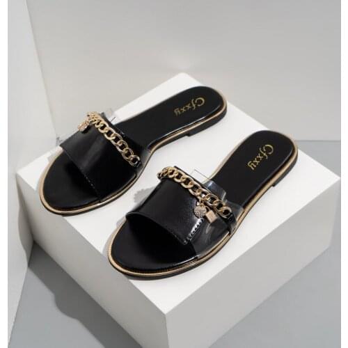 2021 New Chain With Lock Diamond Slippers Women Shoes Flat Bottom Non-slip Durable Casual Wild Outdoor Ladies Beach Clear Mules