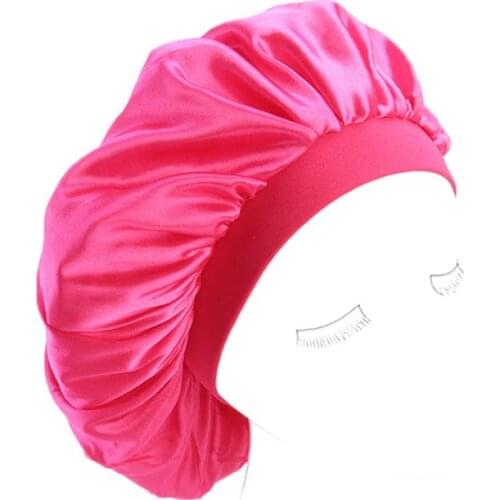 Womens Faux Silk Bonnet Cap Wide Elastic Band Solid Night Sleep Hat Wrap Pleated
