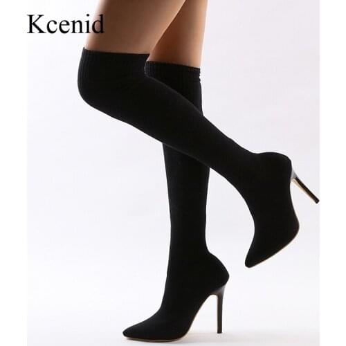 Kcenid Winter Thigh High Boots Over The Knee Elastic Stretch Shoes Women Botas Mujer Sexy Knee High Heels Sock Boots New Black