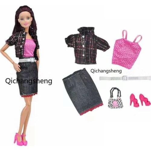 11.5" Fashion Winter Plaid Jacket Outfits Set For Barbie Doll Clothes Coat Shirt Top Skirt Bag Shoes 1/6 BJD Accessories Kid Toy