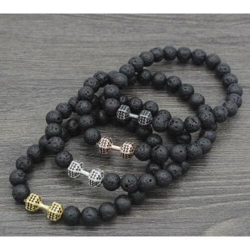 8mm yy2 Dumbbell gold cz zircon cubic zirconia elastic adjusted black volcanic lava Bracelet Stone bead essential oils diffuser