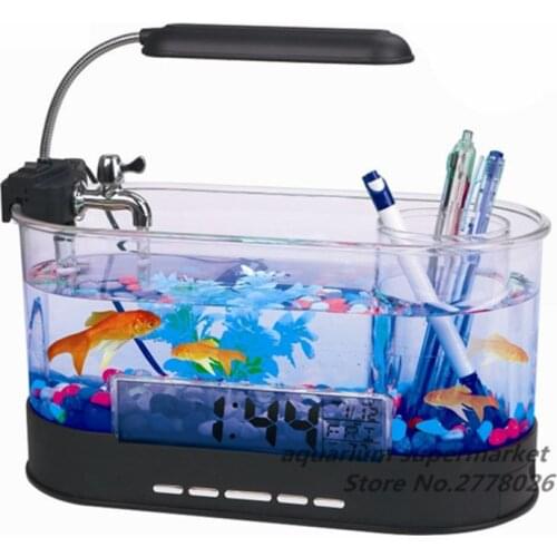 Aquarium Black White USB Mini Aquarium Fish Tank Aquarium with LED Lamp Light LCD Display Screen and Clock Small Fish Tank