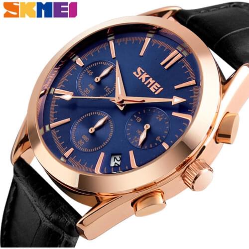 SKMEI Men Quartz Watches Fashion Casual Wristwatches 30M Water Resistant Complete Calendar Luxury Leather Watch Band Man 9127