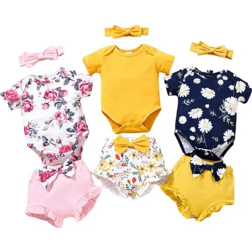 Citgeett Summer Infant Baby Girls Clothes Fresh Flower Short Sleeve Romper and Solid Color Short Pants Headband Set