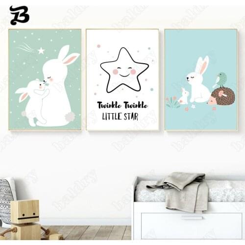 Canvas Painting for Living Room Cartoon Cute Bunny Hedgehog Bird Star Wall Art Posters and Prints for Baby Kids Room Home Decor