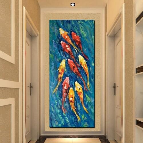 Print Chinese Abstract Nine Koi Fish Lotus Oil Painting on Canvas Poster Feng Shui Wall Art Picture For Living Room Modern Decor