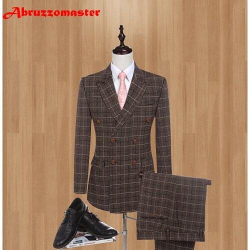 Brown Linen Men Suits with Pants S-4XL Fashion 2020 Brand Men Slim Fit Double Breasted Peaked Lapel Wedding Suit (Jacket+Pant)