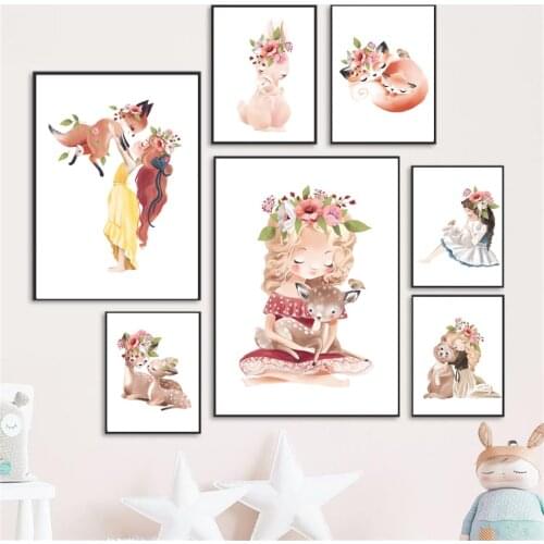 Cute Girl Wreath Fox Sika Deer Bunny Baby Love Wall Art Canvas Painting Nordic Posters And Prints Wall Pictures Kids Room Decor