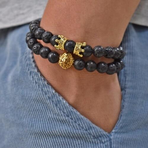 Fashion Classic Lion Head & Crown Bracelet Men 2pcs/set Natural Lava Stone Beaded Bracelets For Men Women Couple Jewelry Gift