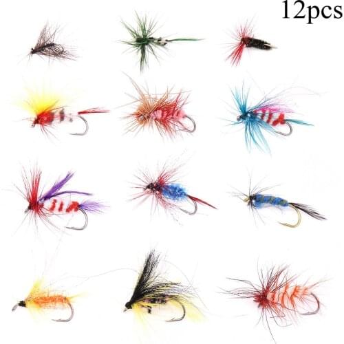 Fly Files Fishing Lure 12pcs Insect Artificial Fishing Bait Feather Single Hooks For Carp Trout Bass Steelhead Fish