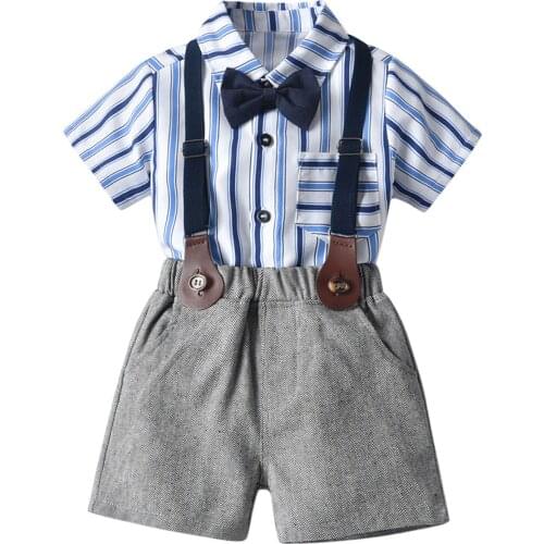 2021 New Summer Baby Clothes Suit Children Toddler Baby Boy Gentleman Bow Tie Striped T-Shirt Tops+Suspender Shorts Outfits